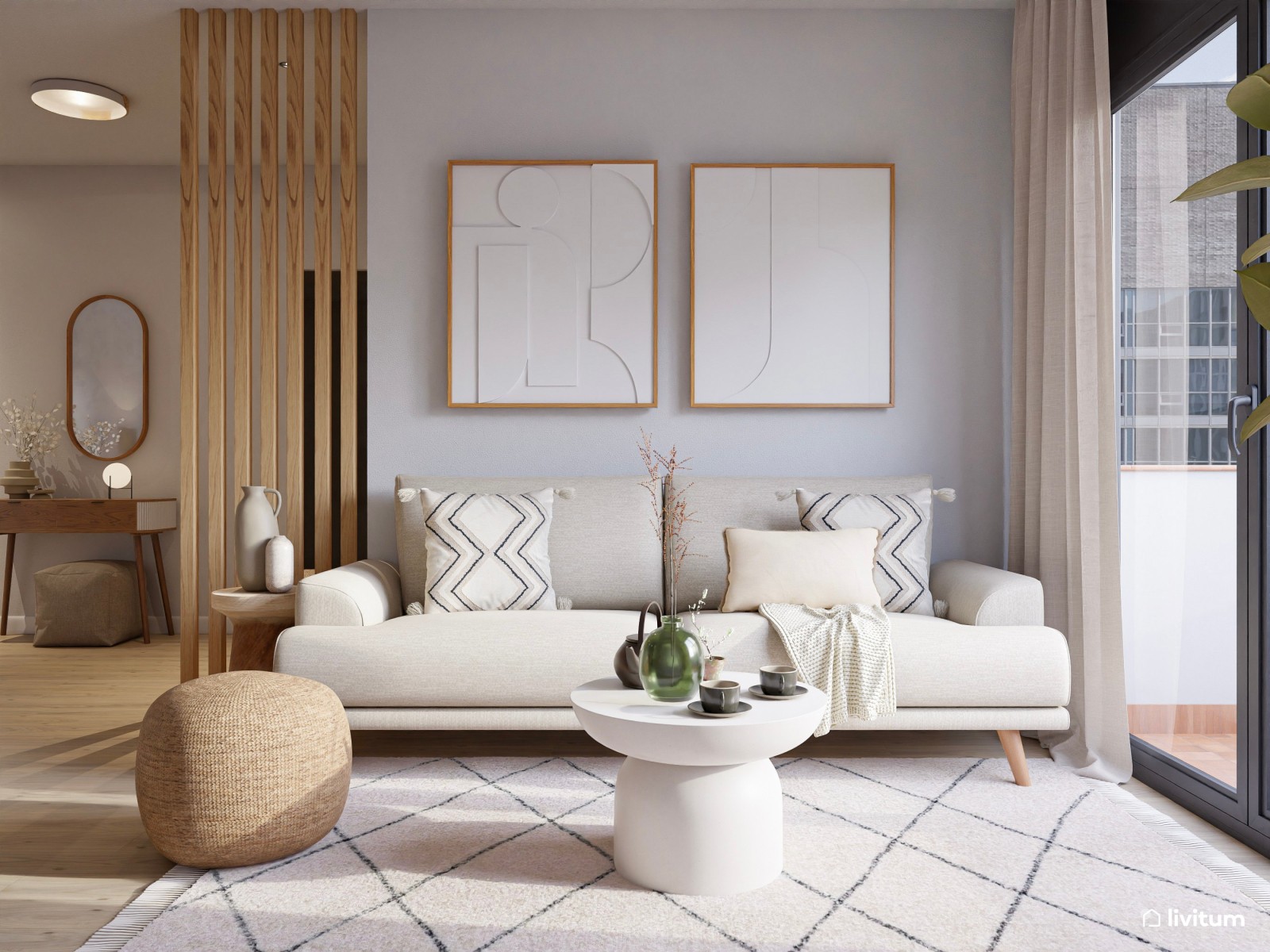 Salón moderno con detalles clásicos y aparador terracota