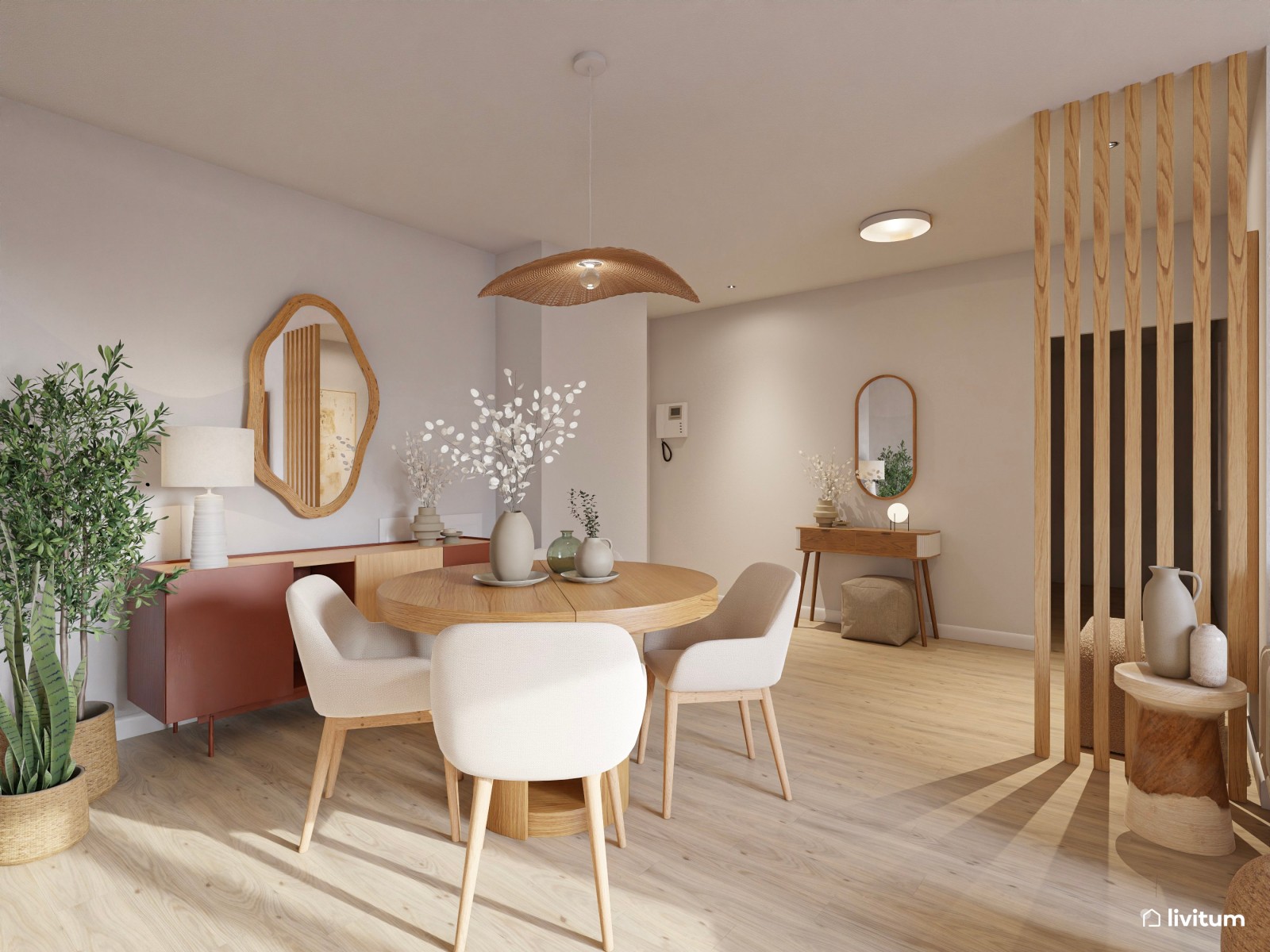 Salón moderno con detalles clásicos y aparador terracota