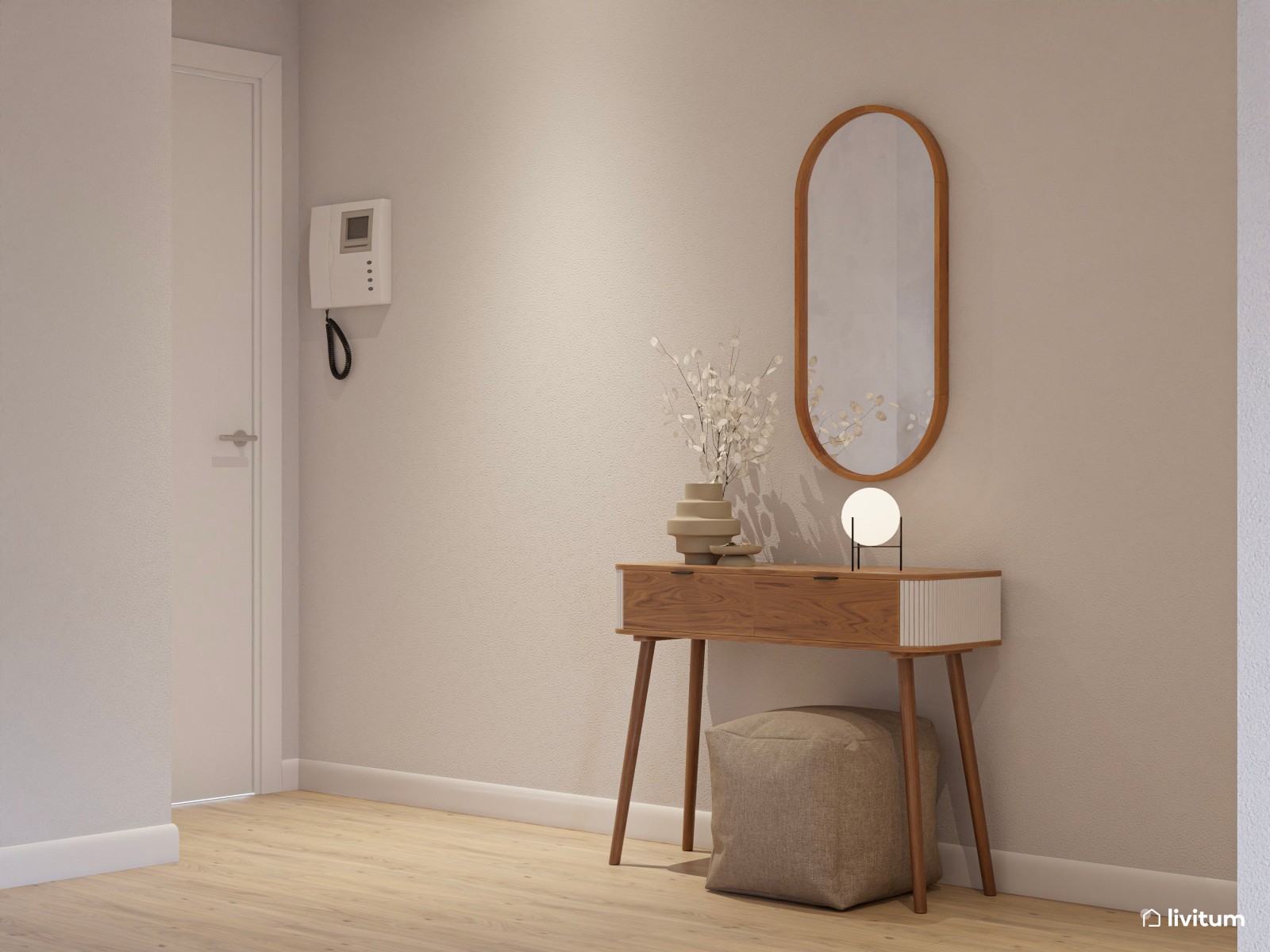 Salón moderno con detalles clásicos y aparador terracota