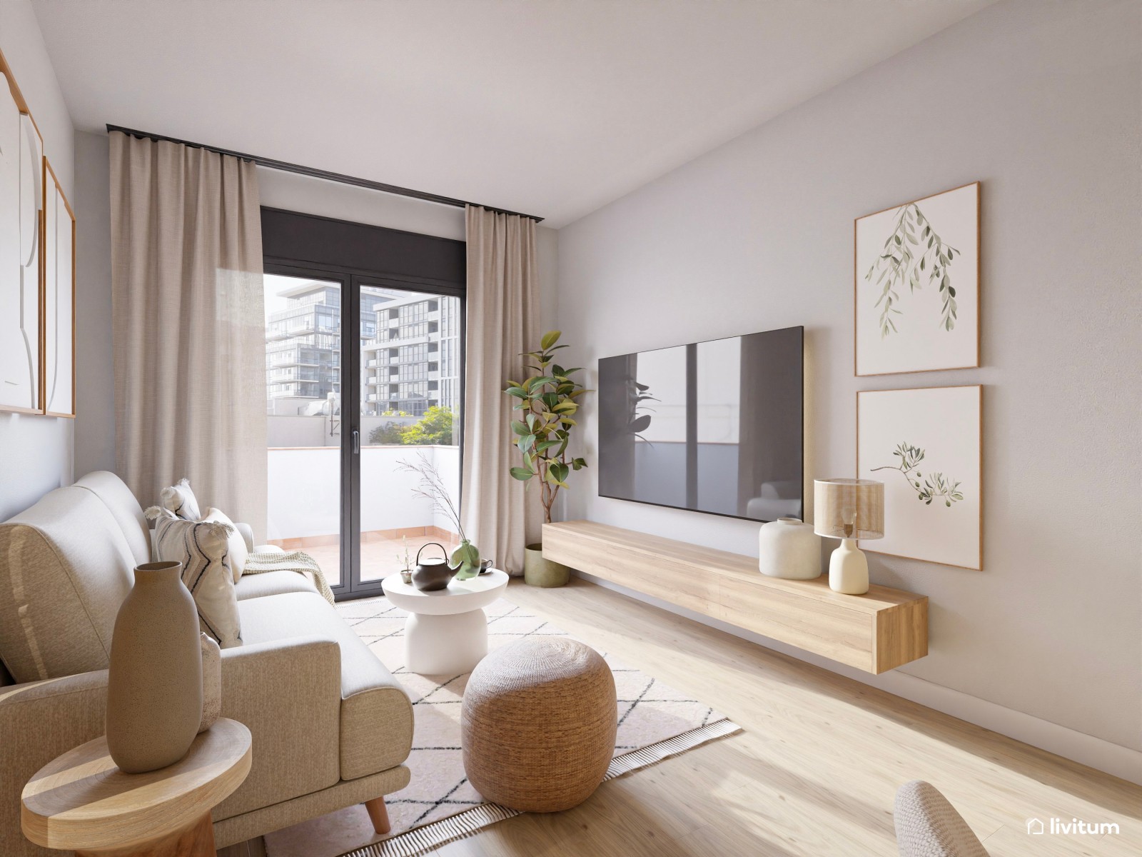 Salón moderno con detalles clásicos y aparador terracota