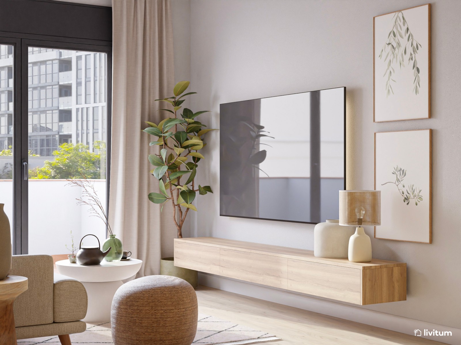 Salón moderno con detalles clásicos y aparador terracota