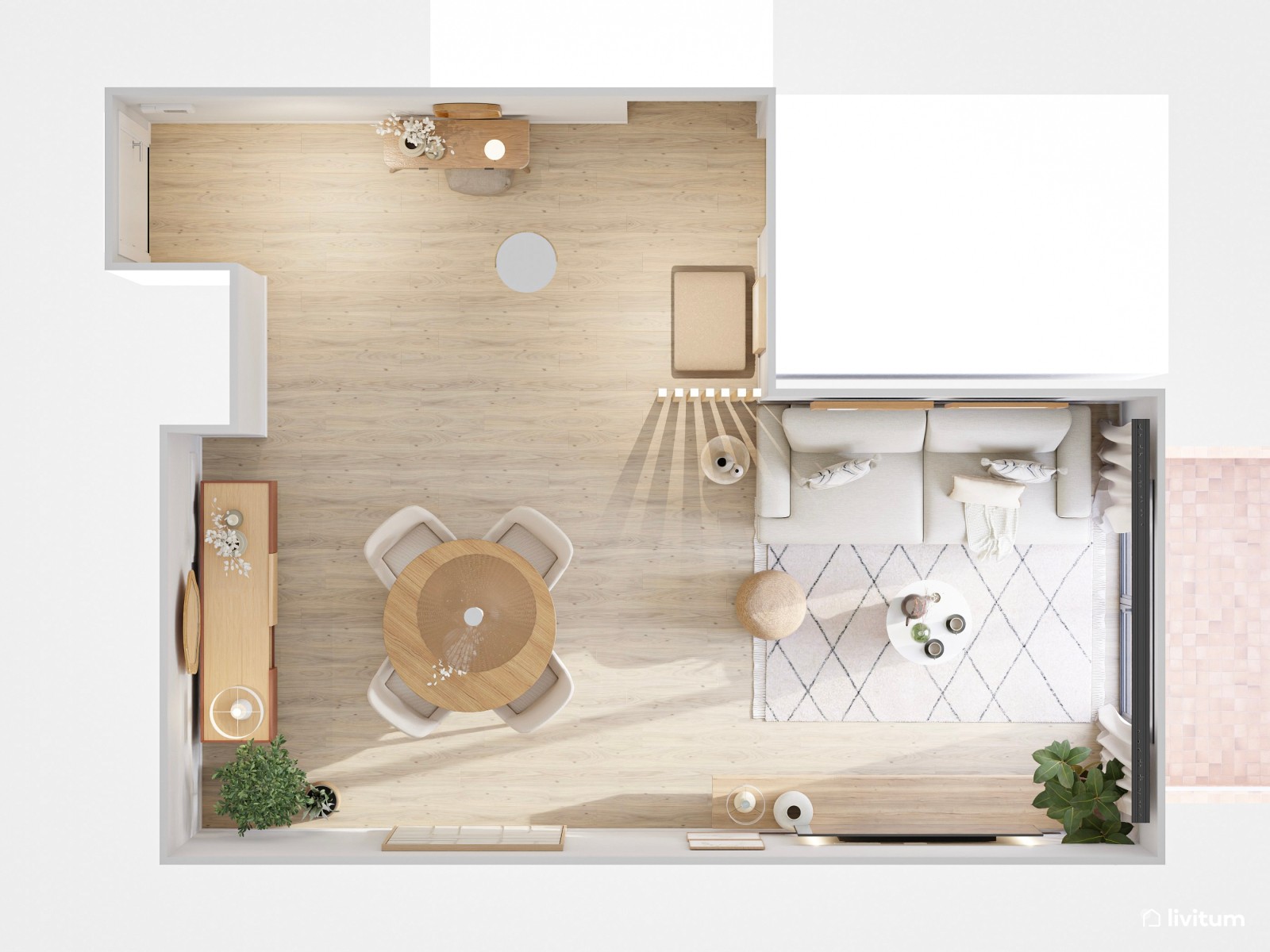 Salón moderno con detalles clásicos y aparador terracota