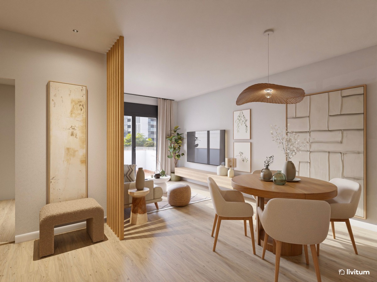 Salón moderno con detalles clásicos y aparador terracota