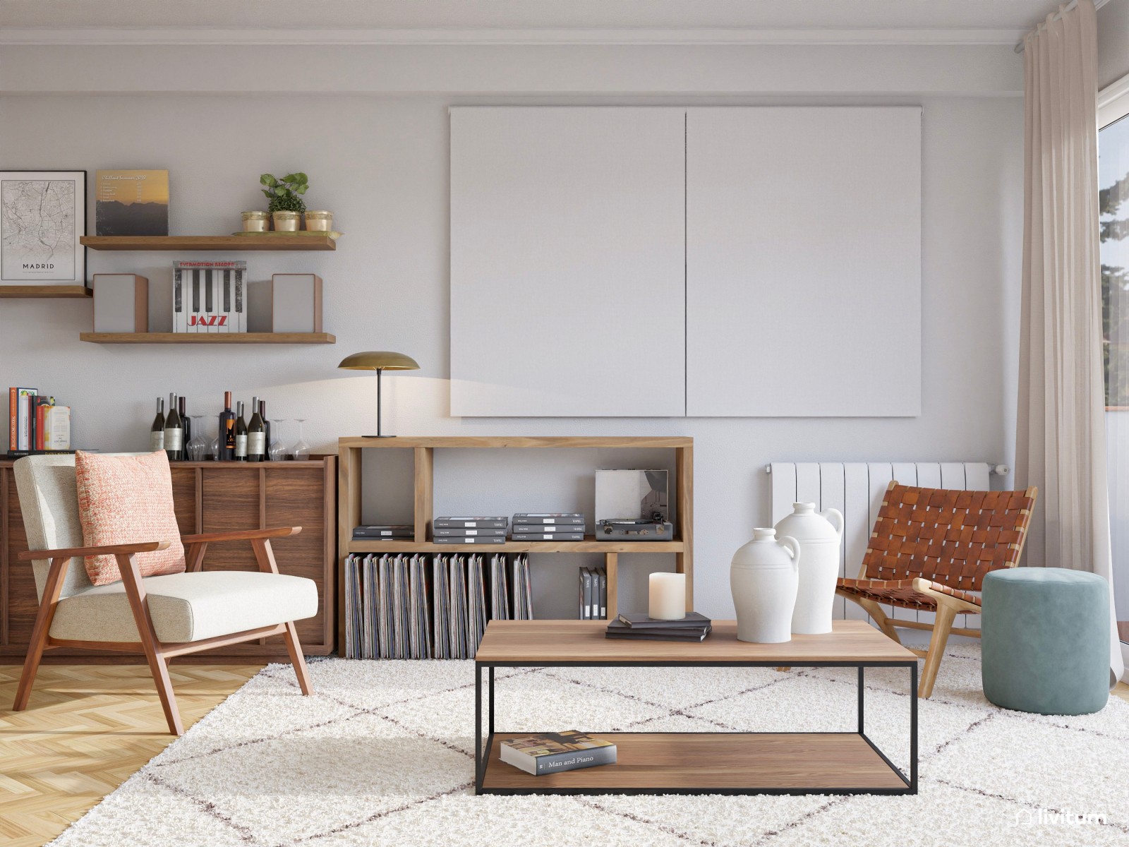 Salón moderno con detalles eclécticos, marrón y toques de color