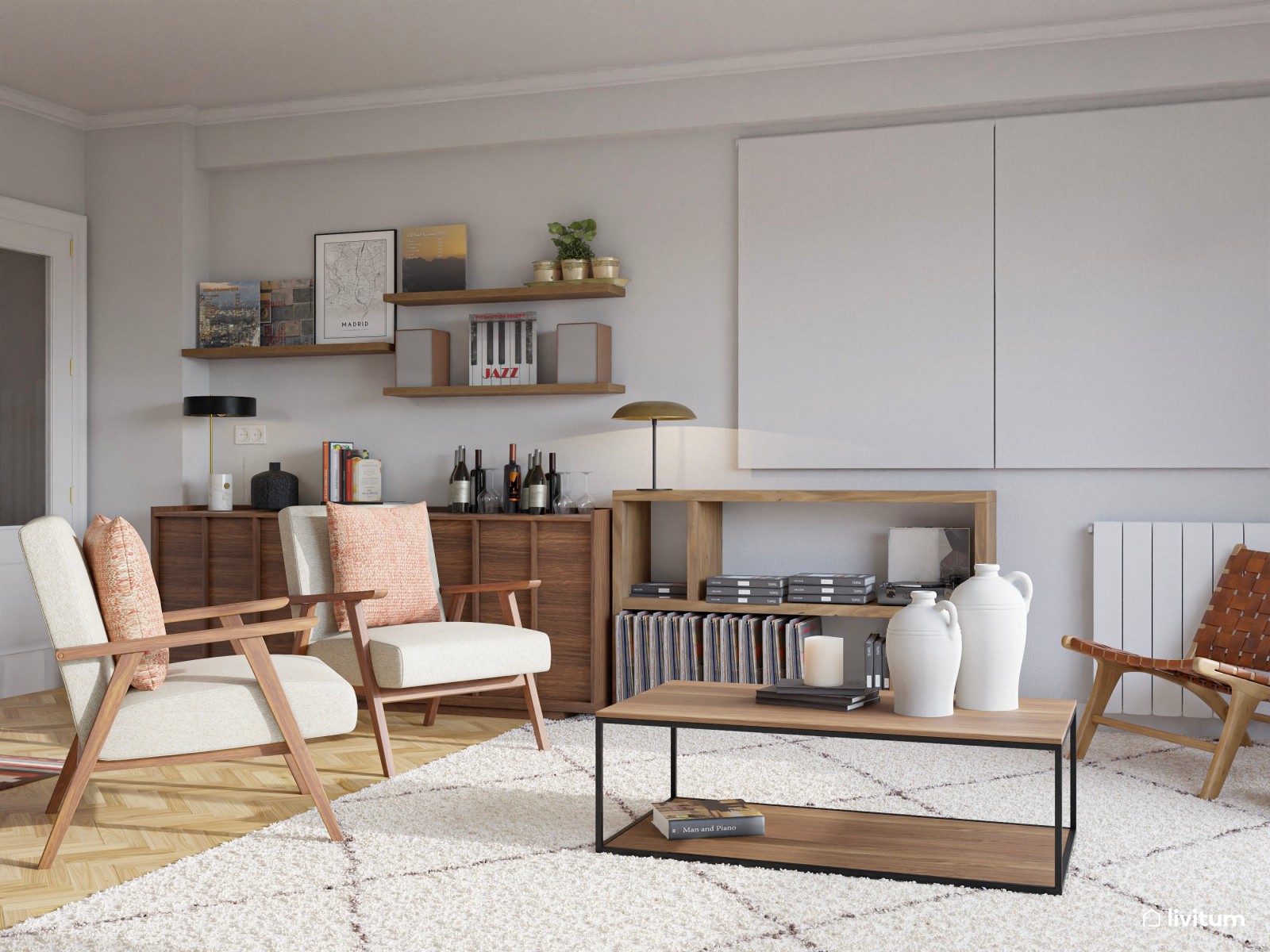 Salón moderno con detalles eclécticos, marrón y toques de color
