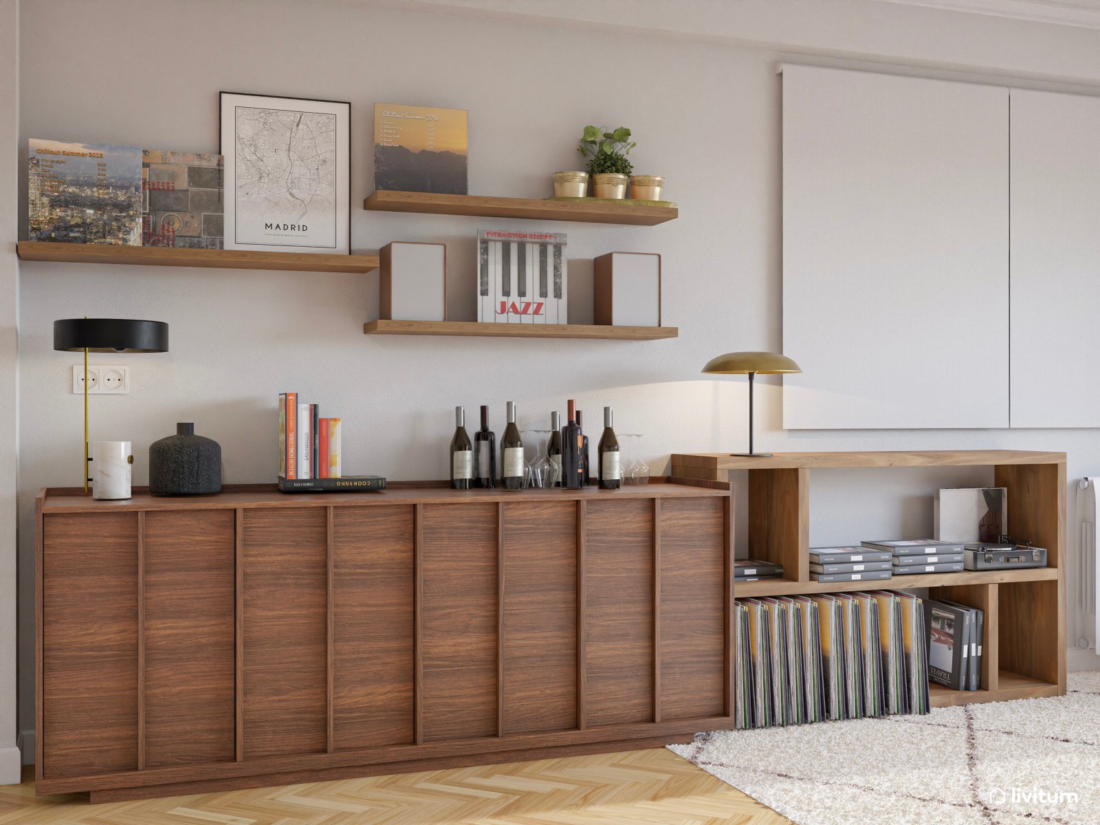 Salón moderno con detalles eclécticos, marrón y toques de color