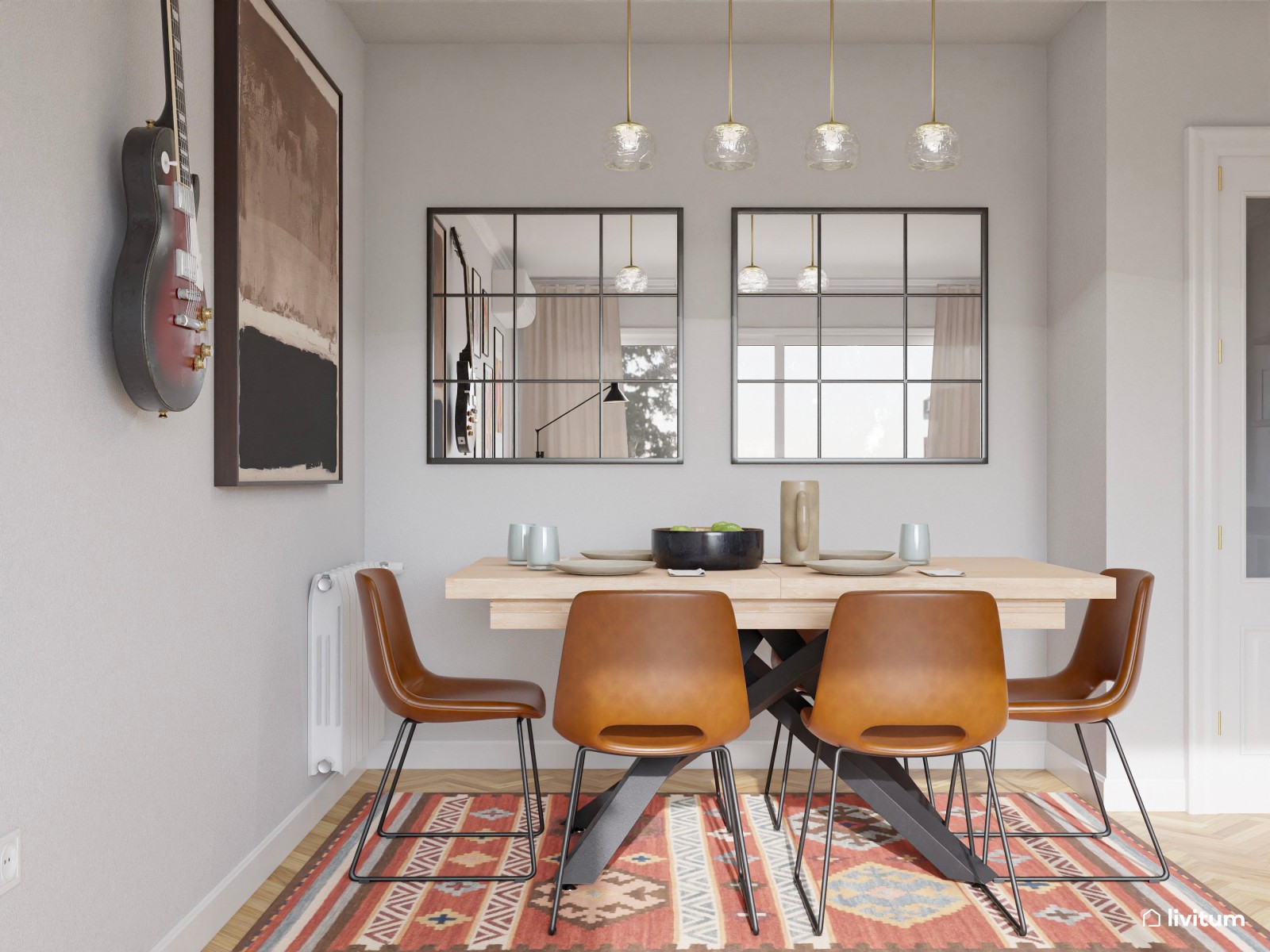 Salón moderno con detalles eclécticos, marrón y toques de color