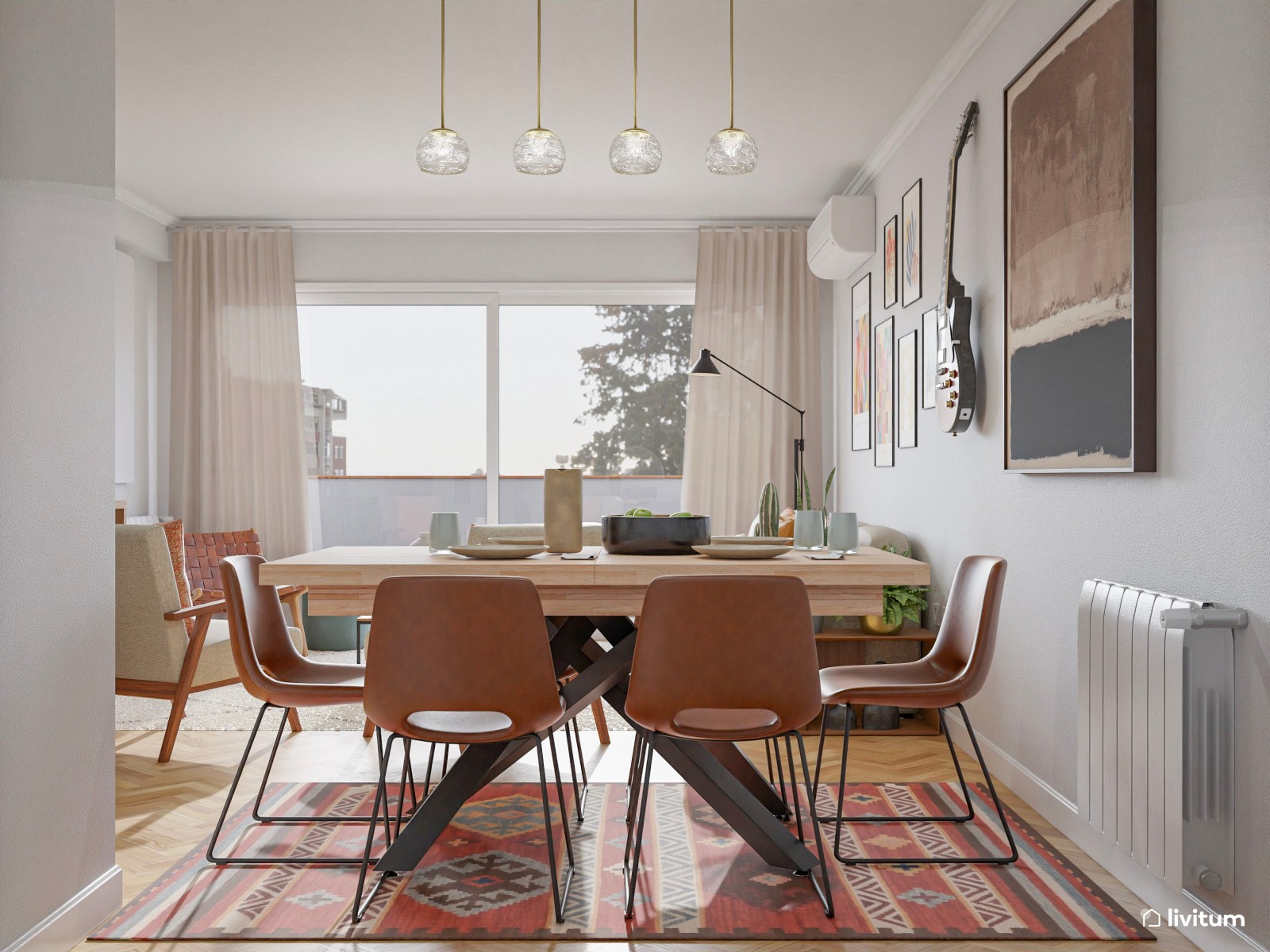 Salón moderno con detalles eclécticos, marrón y toques de color