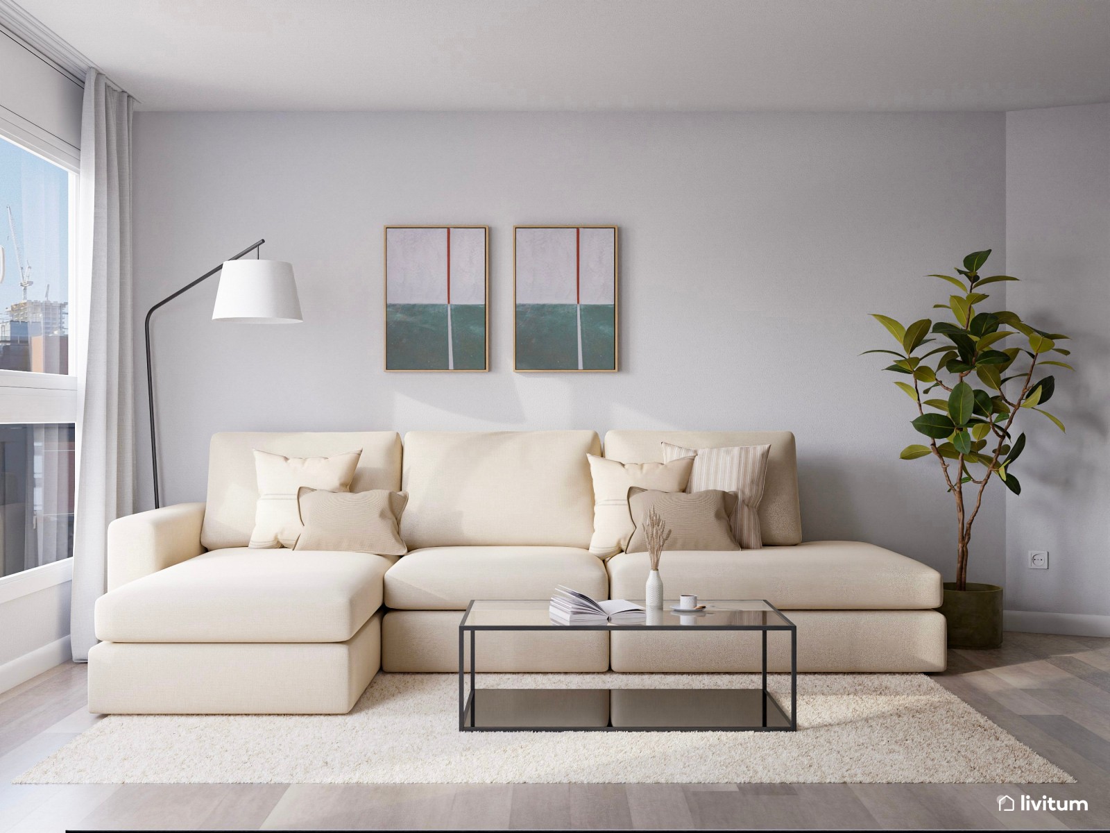 Salón moderno con detalles en verde y suaves texturas