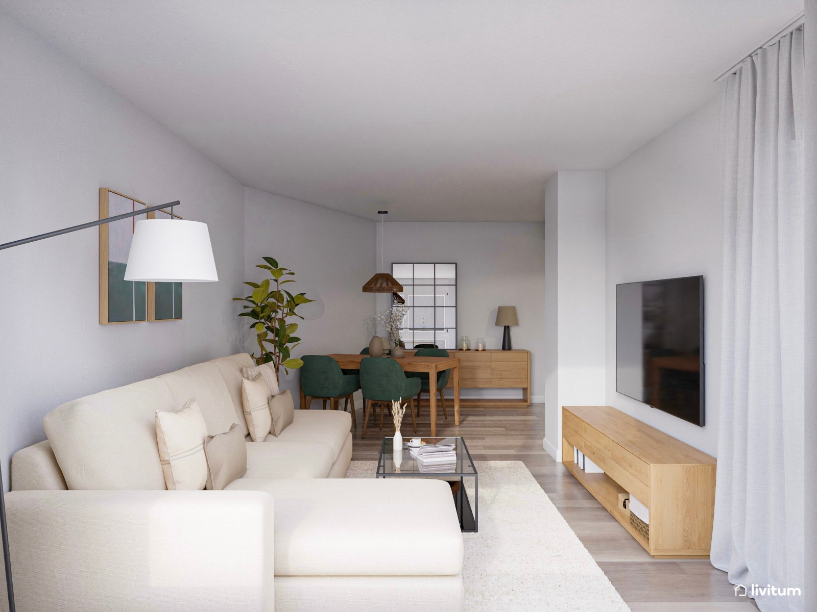 Salón moderno con detalles en verde y suaves texturas