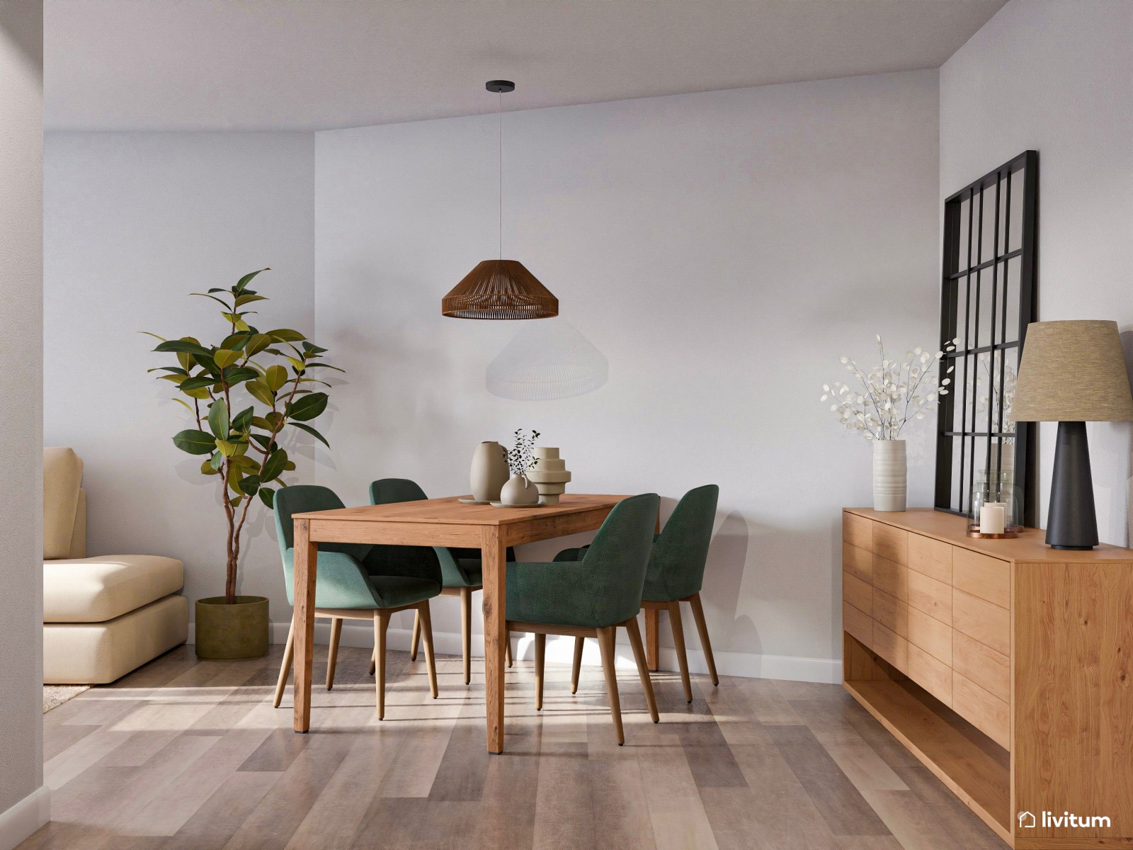 Salón moderno con detalles en verde y suaves texturas