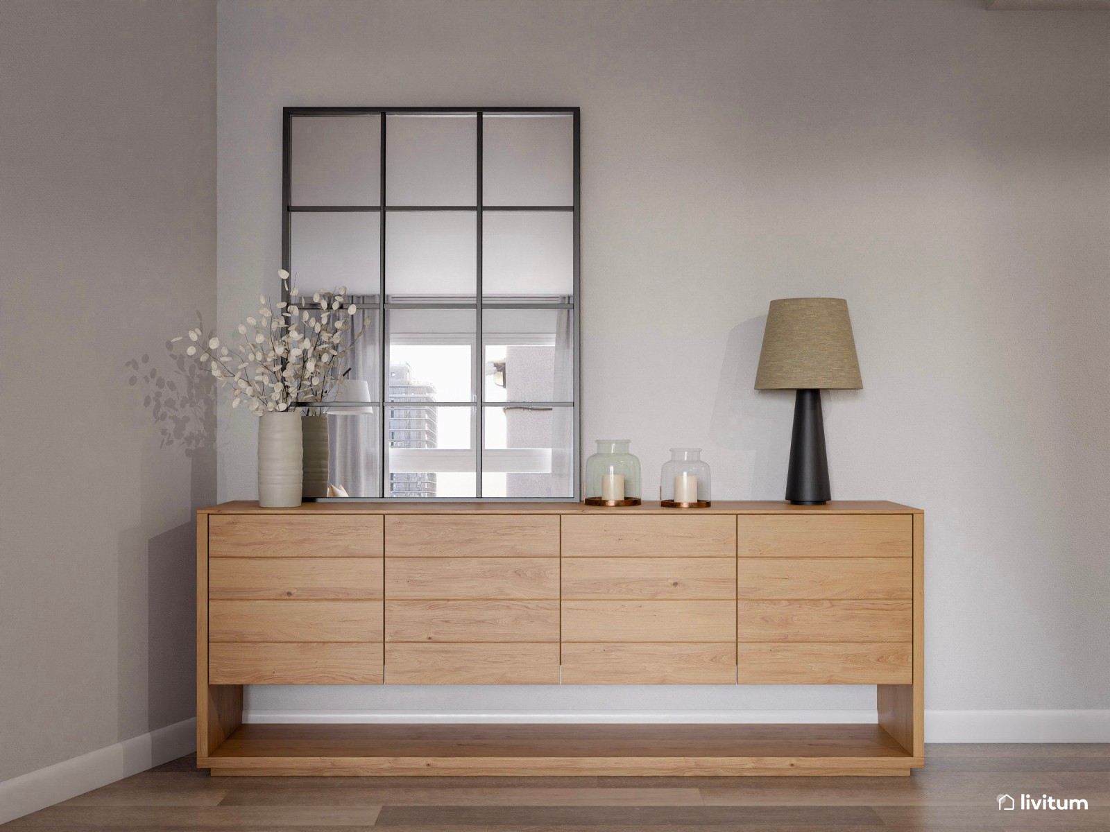 Salón moderno con detalles en verde y suaves texturas