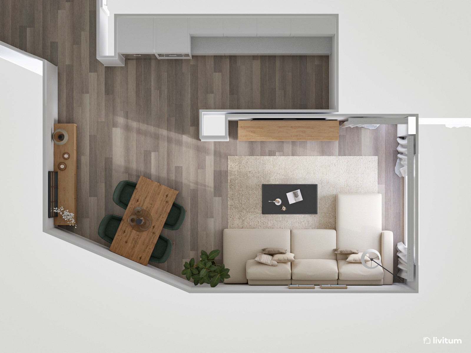 Salón moderno con detalles en verde y suaves texturas