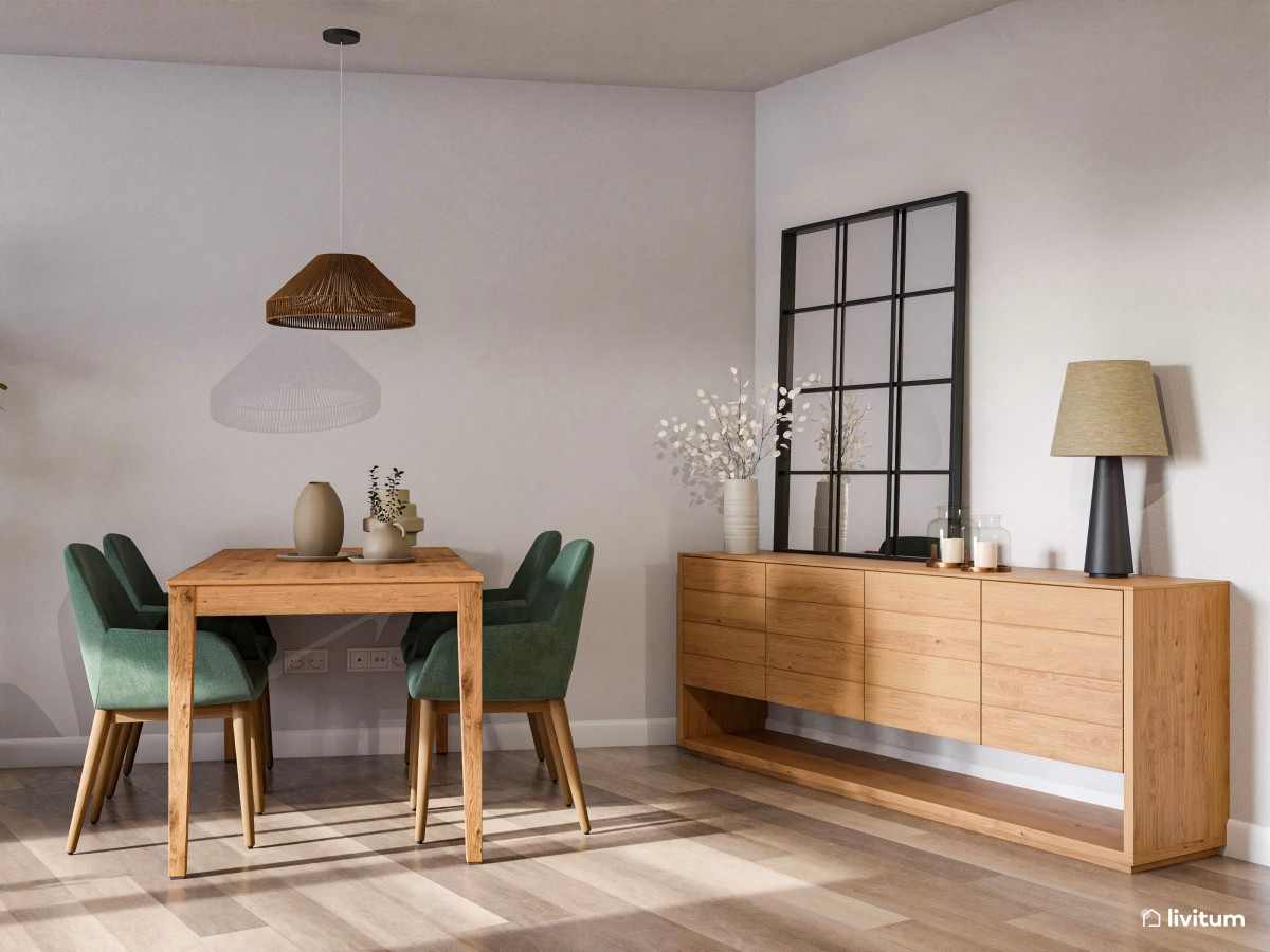 Salón moderno con detalles en verde y suaves texturas