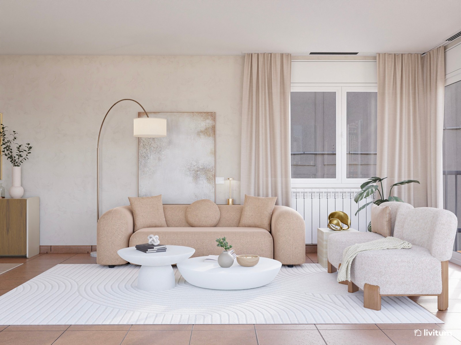 Salón moderno con detalles nórdicos y elegante comedor de microcemento blanco