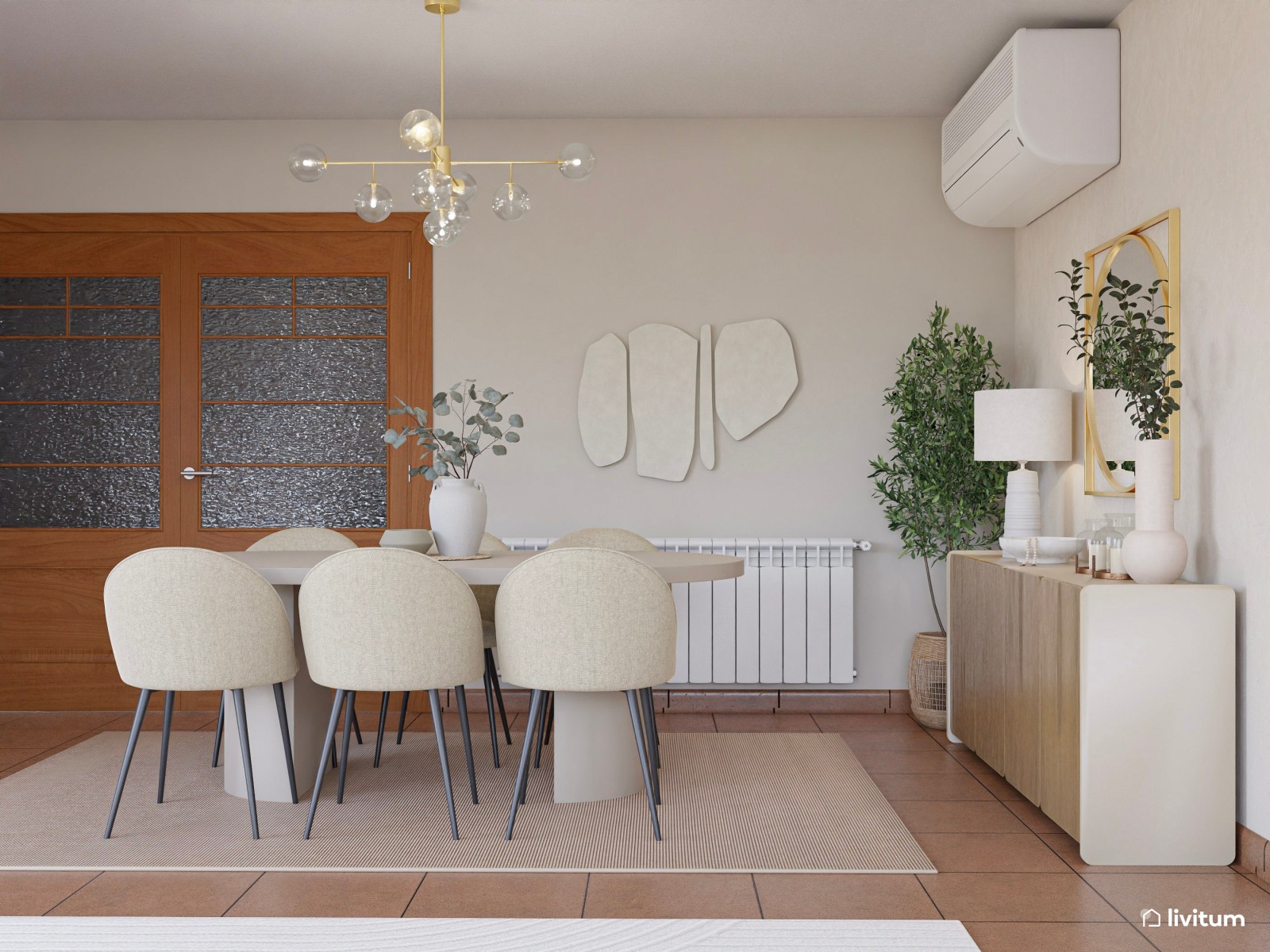 Salón moderno con detalles nórdicos y elegante comedor de microcemento blanco