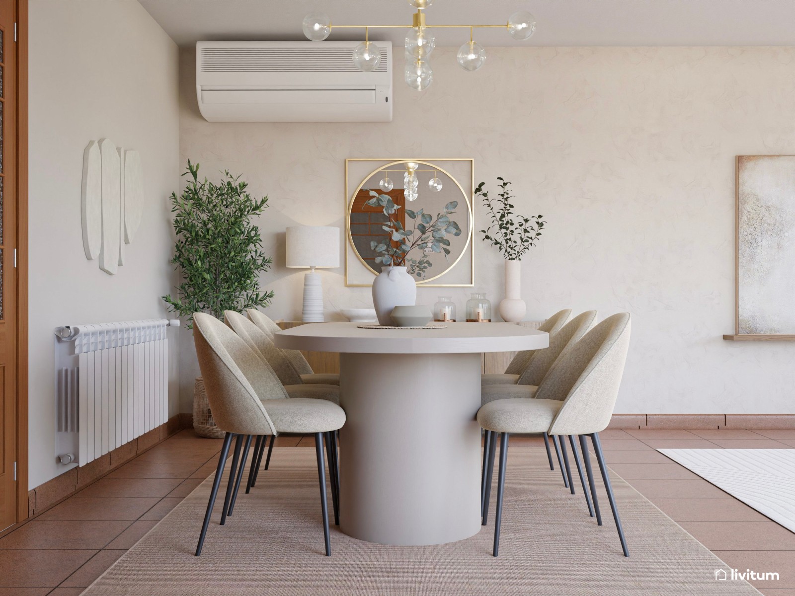 Salón moderno con detalles nórdicos y elegante comedor de microcemento blanco