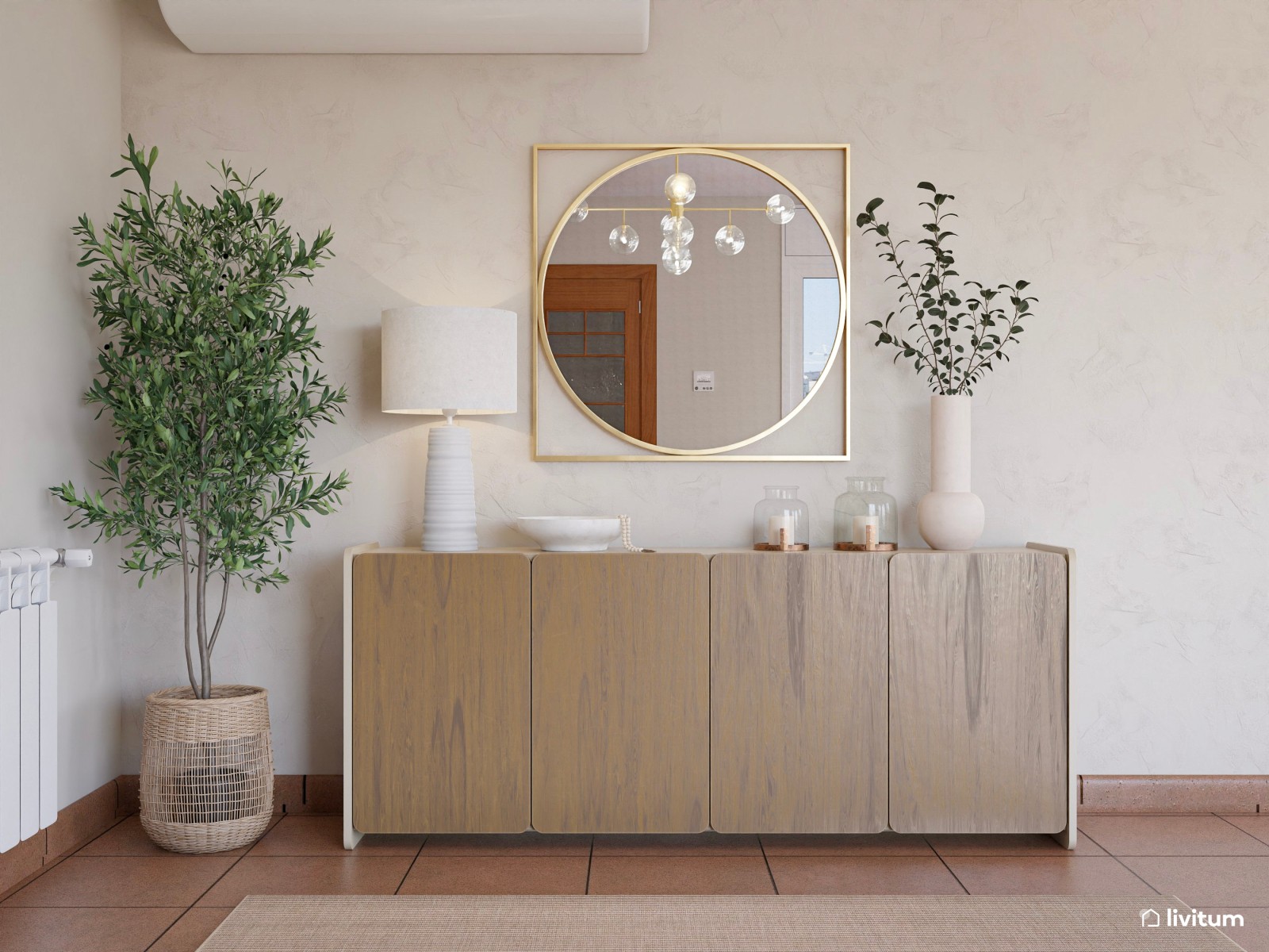 Salón moderno con detalles nórdicos y elegante comedor de microcemento blanco