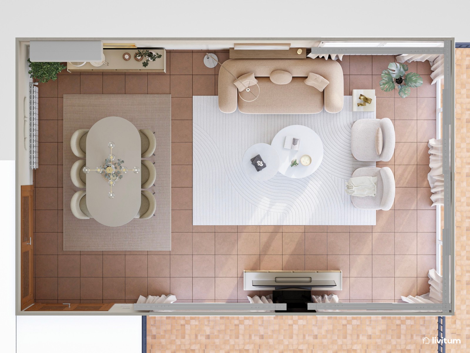Salón moderno con detalles nórdicos y elegante comedor de microcemento blanco