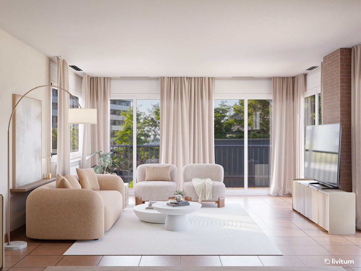 Salón moderno con detalles nórdicos y elegante comedor de microcemento blanco