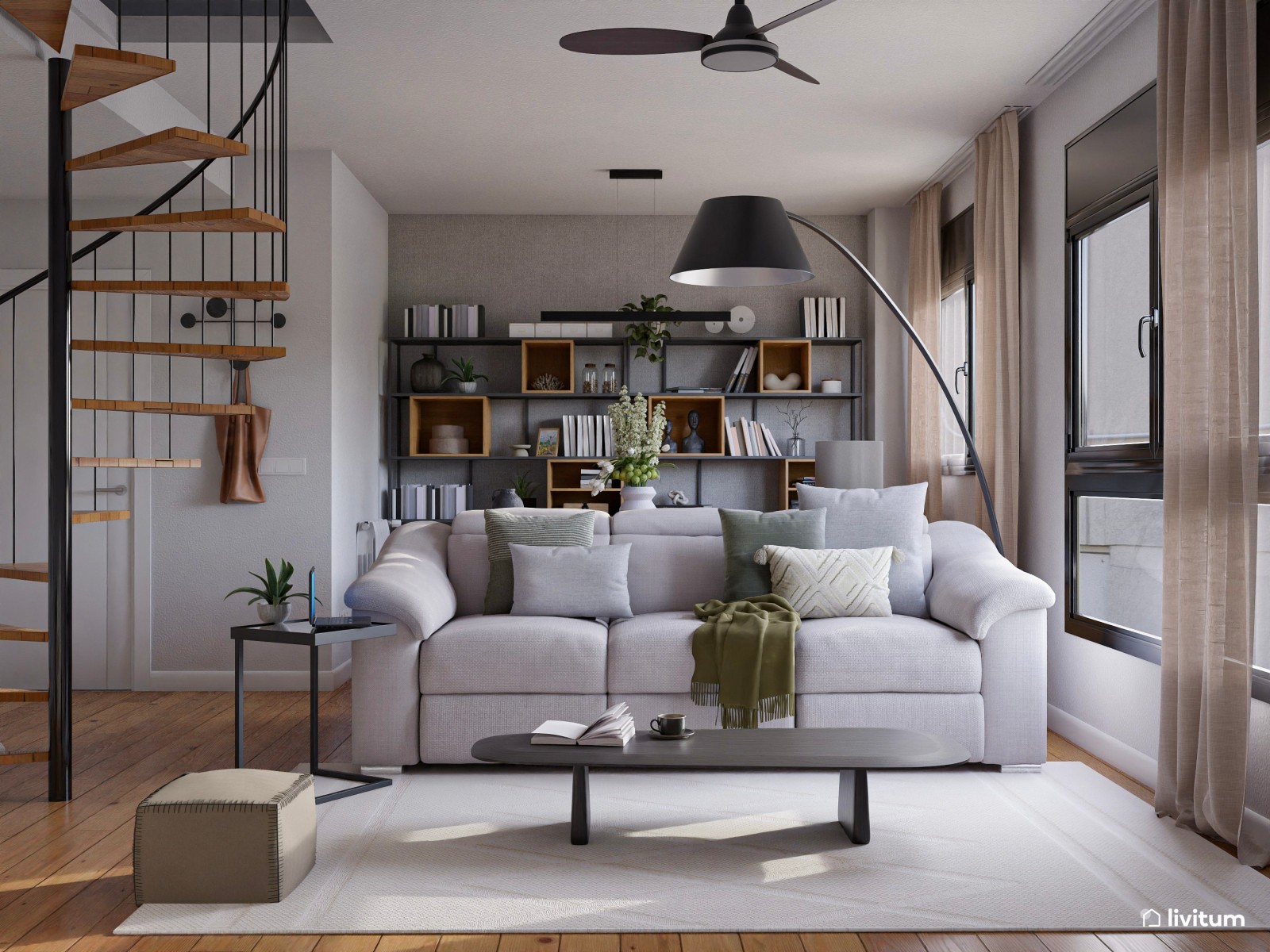 Salón moderno con escalera caracol y papel pintado gris