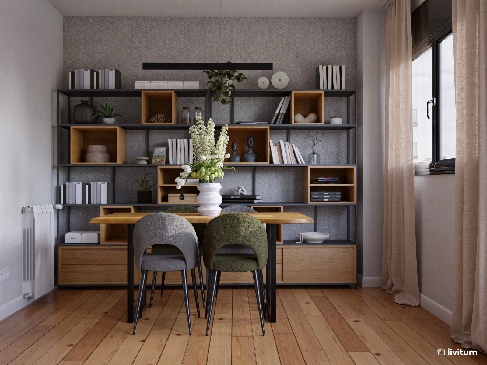 Salón moderno con escalera caracol y papel pintado gris