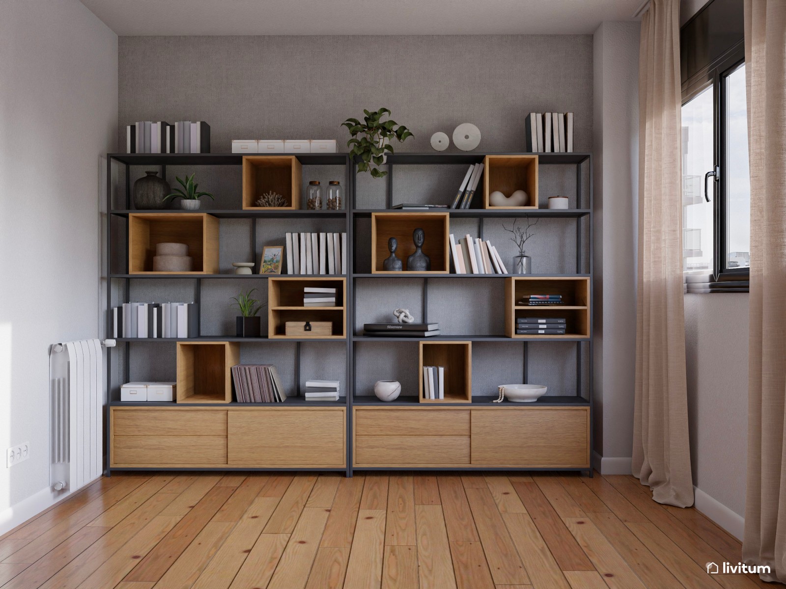 Salón moderno con escalera caracol y papel pintado gris
