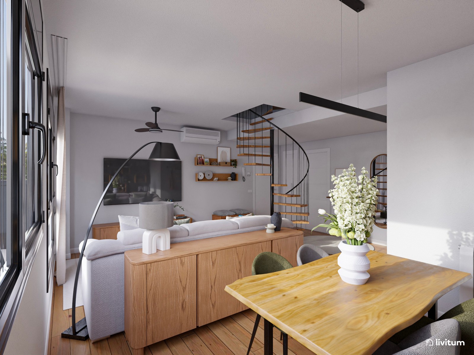 Salón moderno con escalera caracol y papel pintado gris