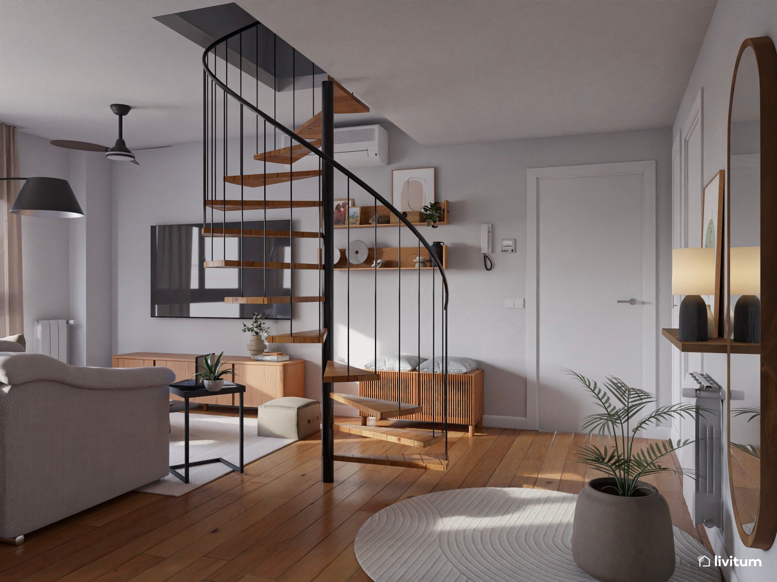 Salón moderno con escalera caracol y papel pintado gris
