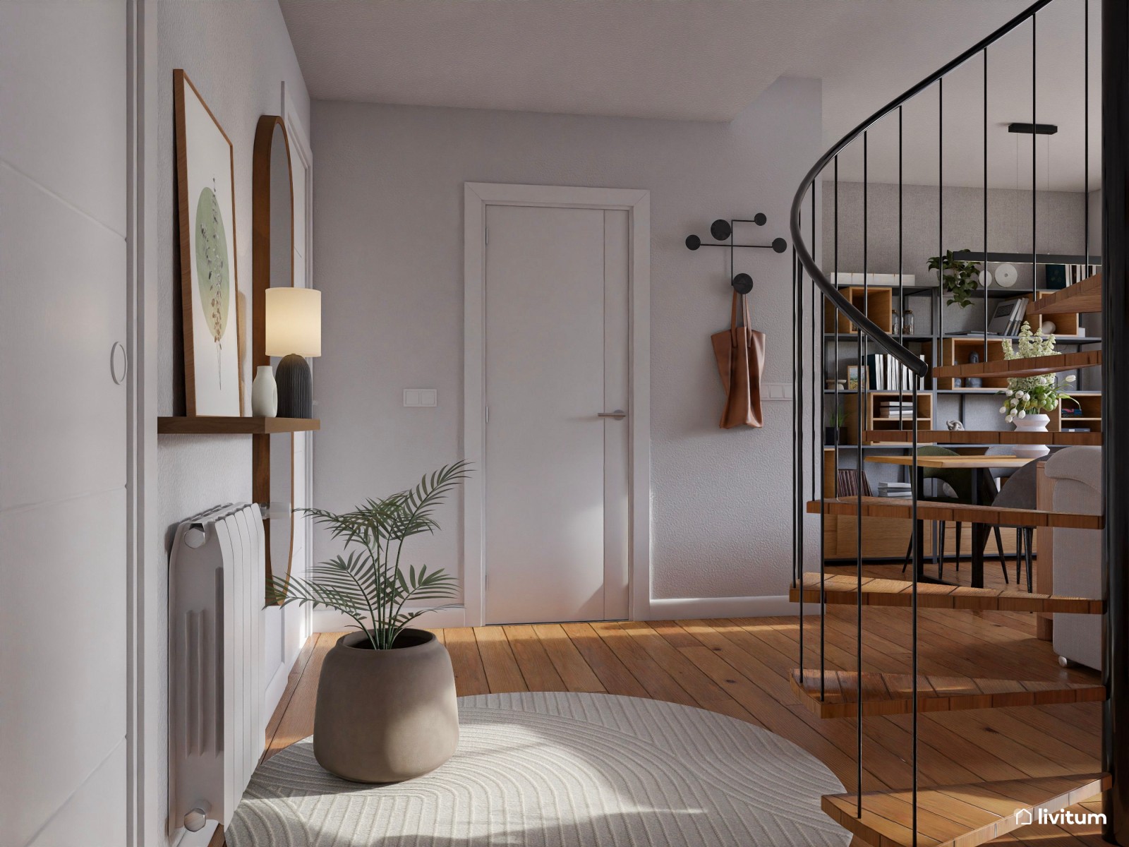 Salón moderno con escalera caracol y papel pintado gris
