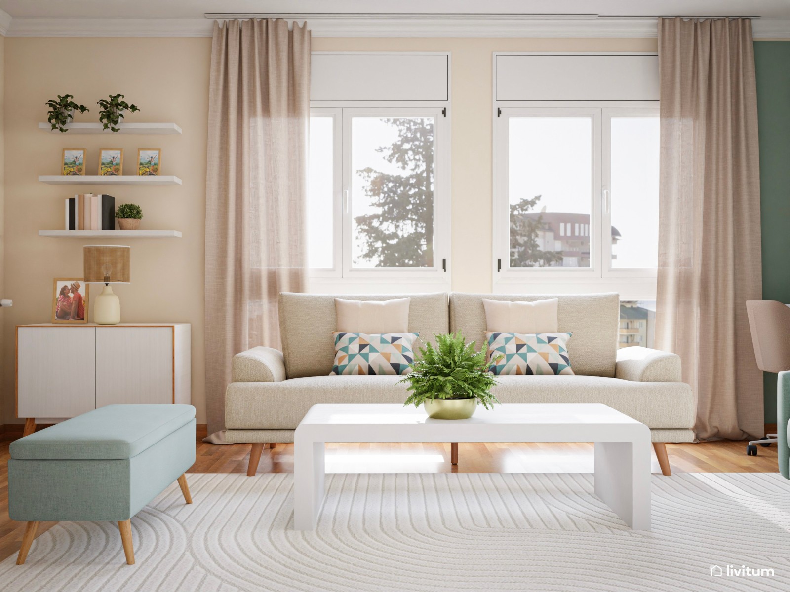 Salón moderno con escritorio en verde y colores claros