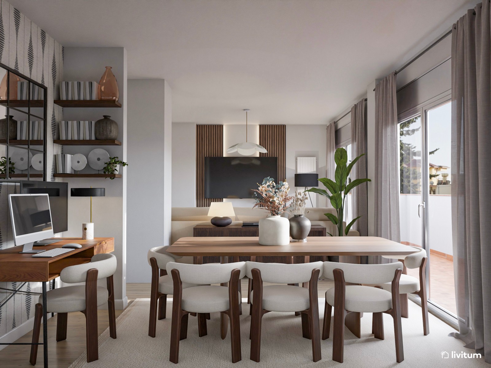 Salón moderno con formas orgánicas, muebles elegantes y rincón de trabajo 