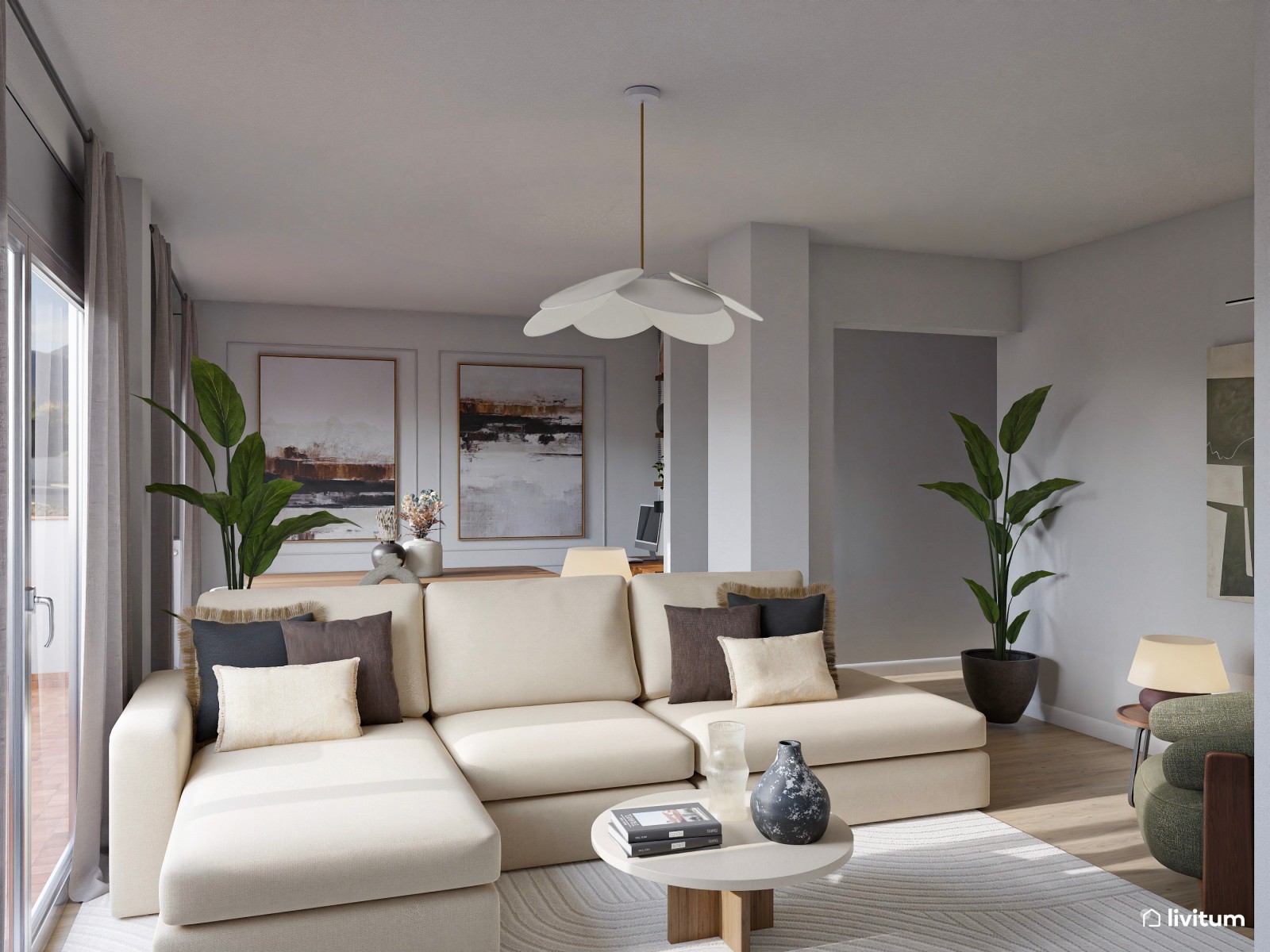 Salón moderno con formas orgánicas, muebles elegantes y rincón de trabajo 