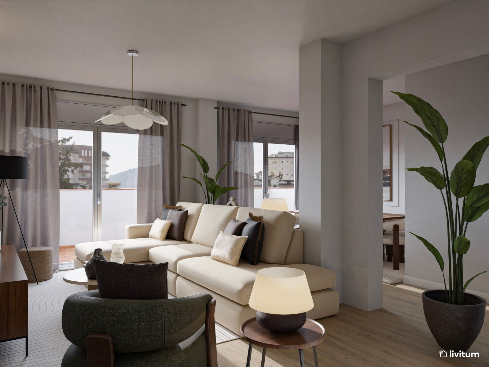 Salón moderno con formas orgánicas, muebles elegantes y rincón de trabajo 