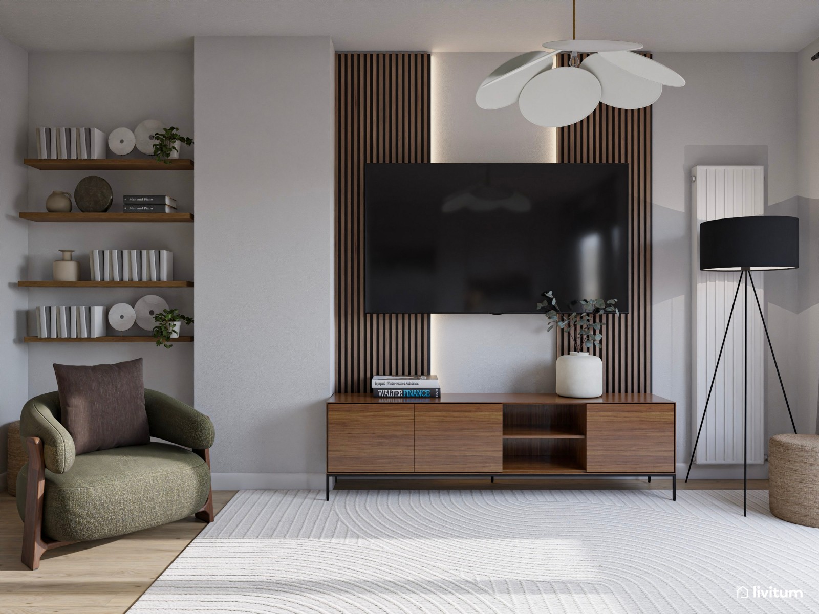 Salón moderno con formas orgánicas, muebles elegantes y rincón de trabajo 