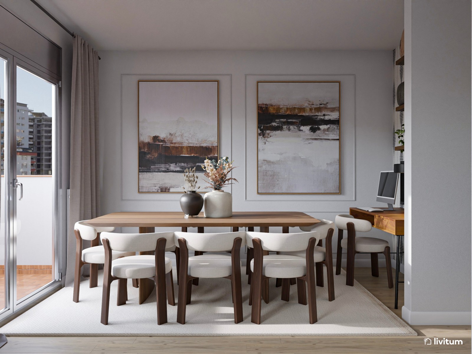 Salón moderno con formas orgánicas, muebles elegantes y rincón de trabajo 