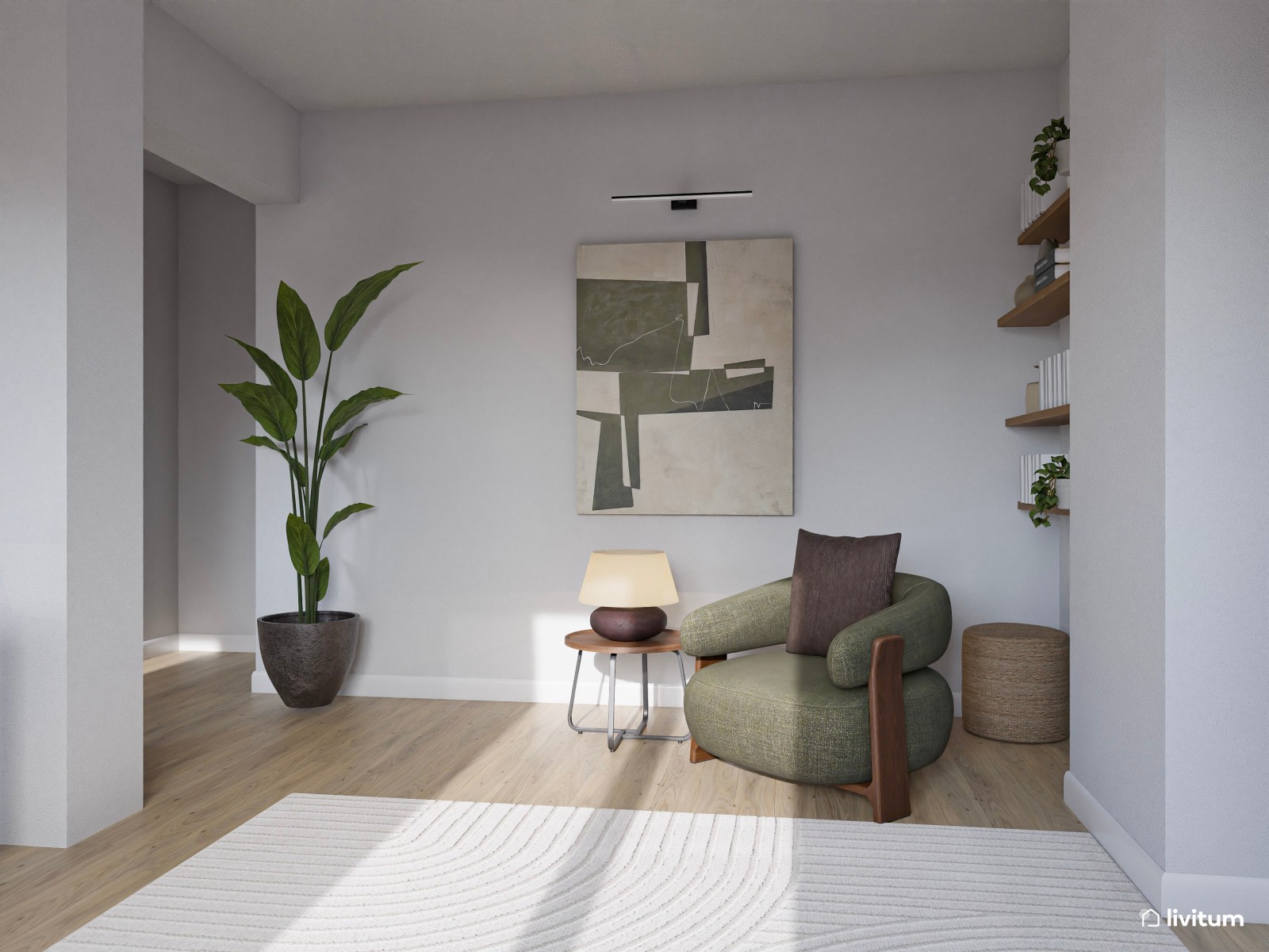 Salón moderno con formas orgánicas, muebles elegantes y rincón de trabajo 