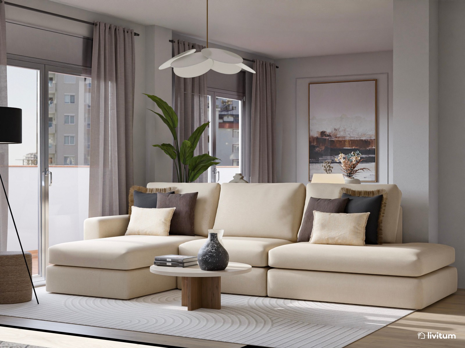 Salón moderno con formas orgánicas, muebles elegantes y rincón de trabajo 