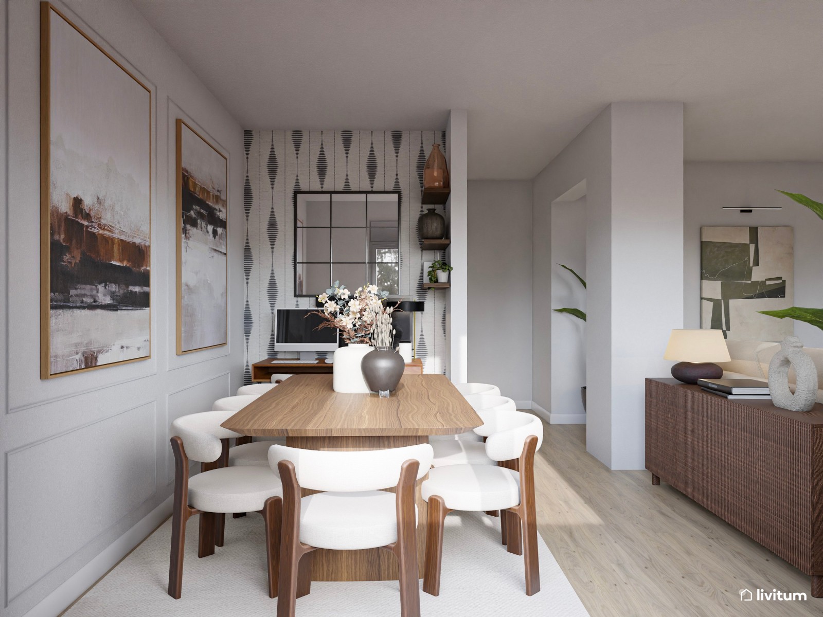 Salón moderno con formas orgánicas, muebles elegantes y rincón de trabajo 