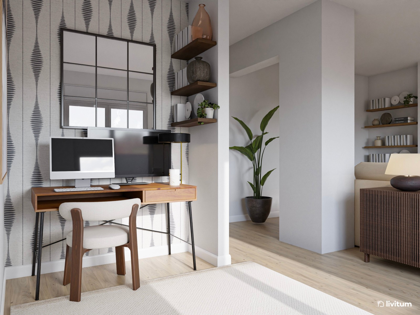 Salón moderno con formas orgánicas, muebles elegantes y rincón de trabajo 