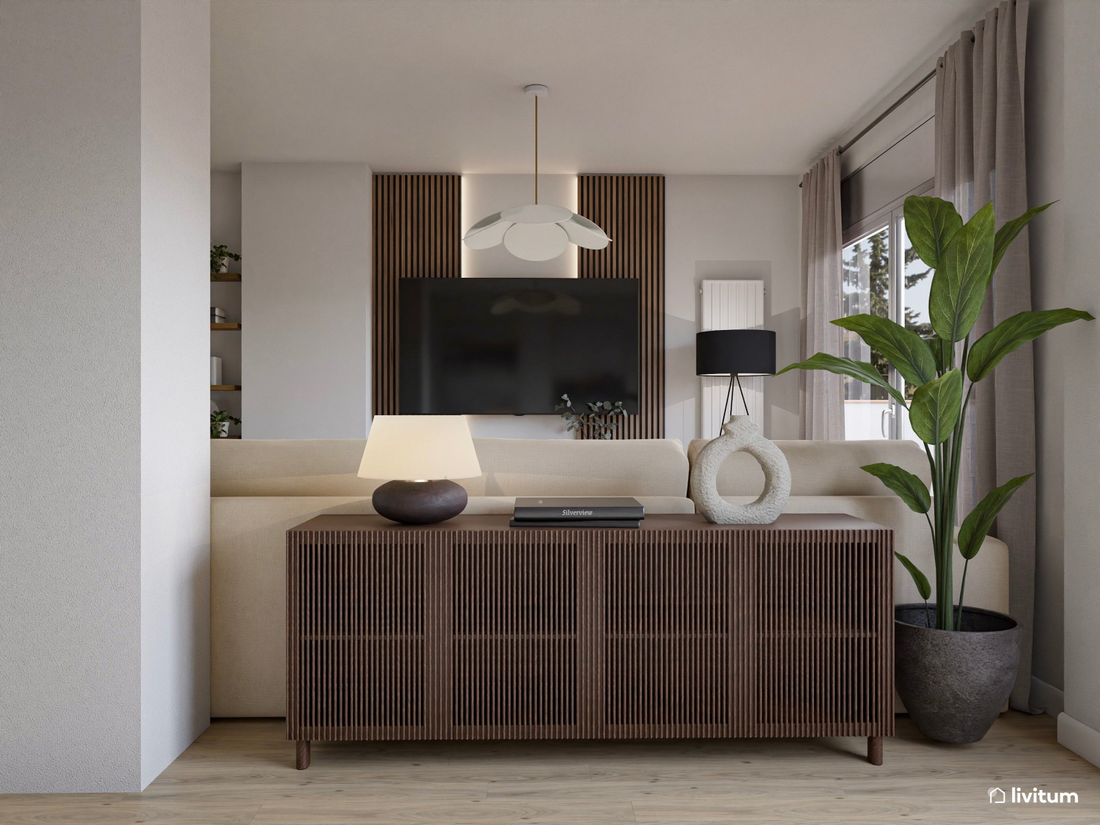 Salón moderno con formas orgánicas, muebles elegantes y rincón de trabajo 