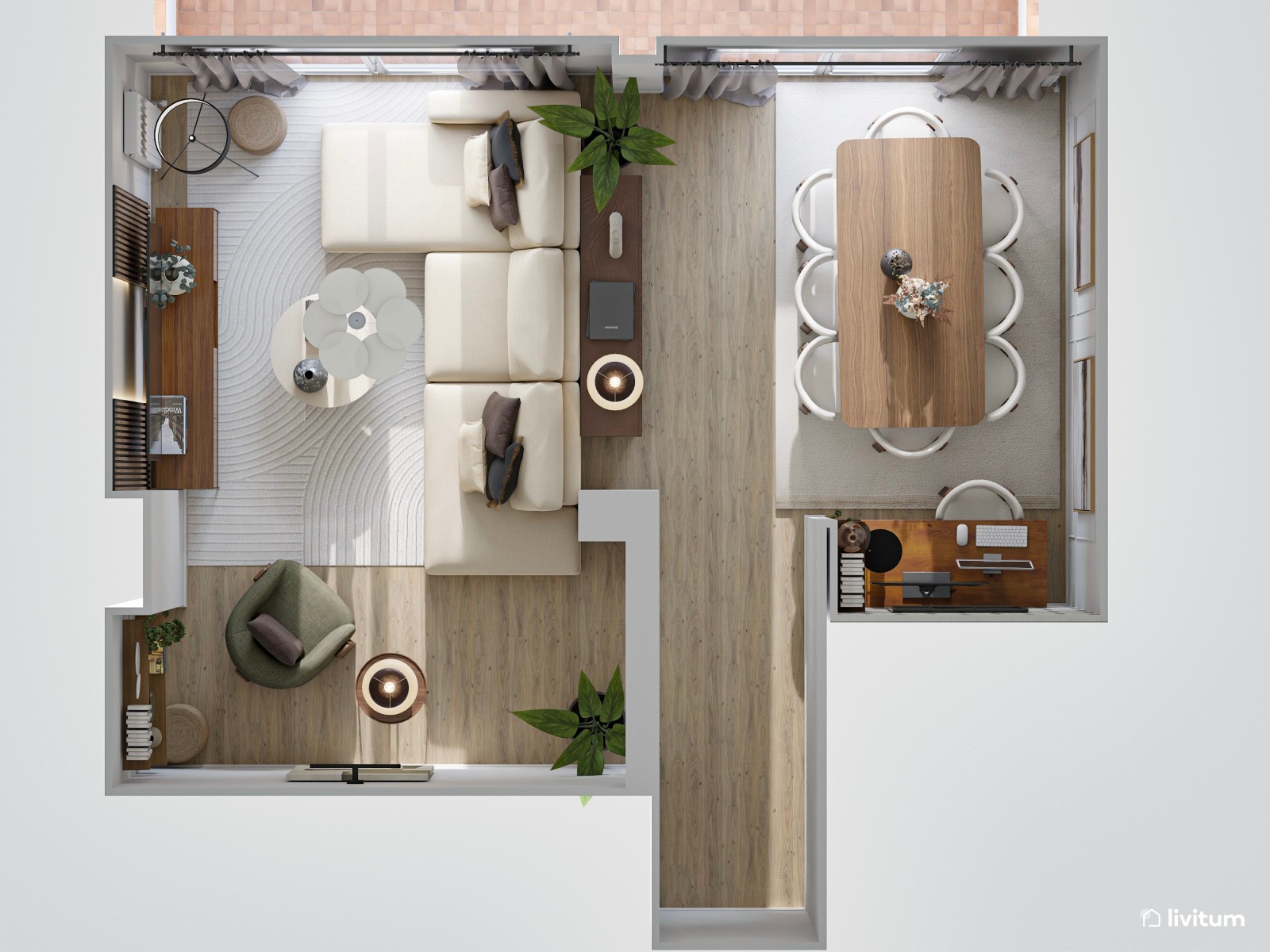 Salón moderno con formas orgánicas, muebles elegantes y rincón de trabajo 