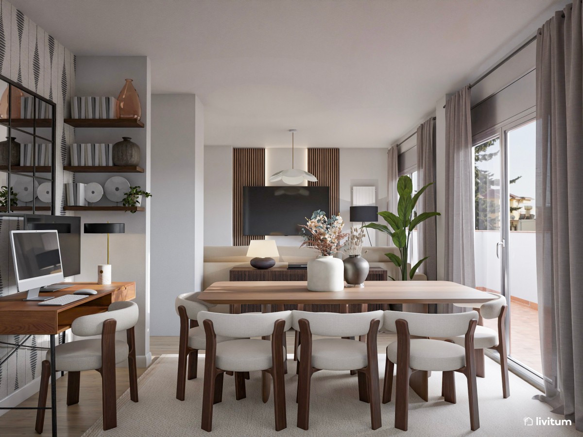 Salón moderno con formas orgánicas, muebles elegantes y rincón de trabajo