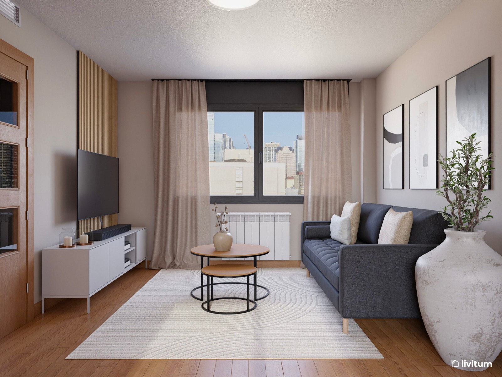 Salón moderno con gris antracita y comedor en blanco 