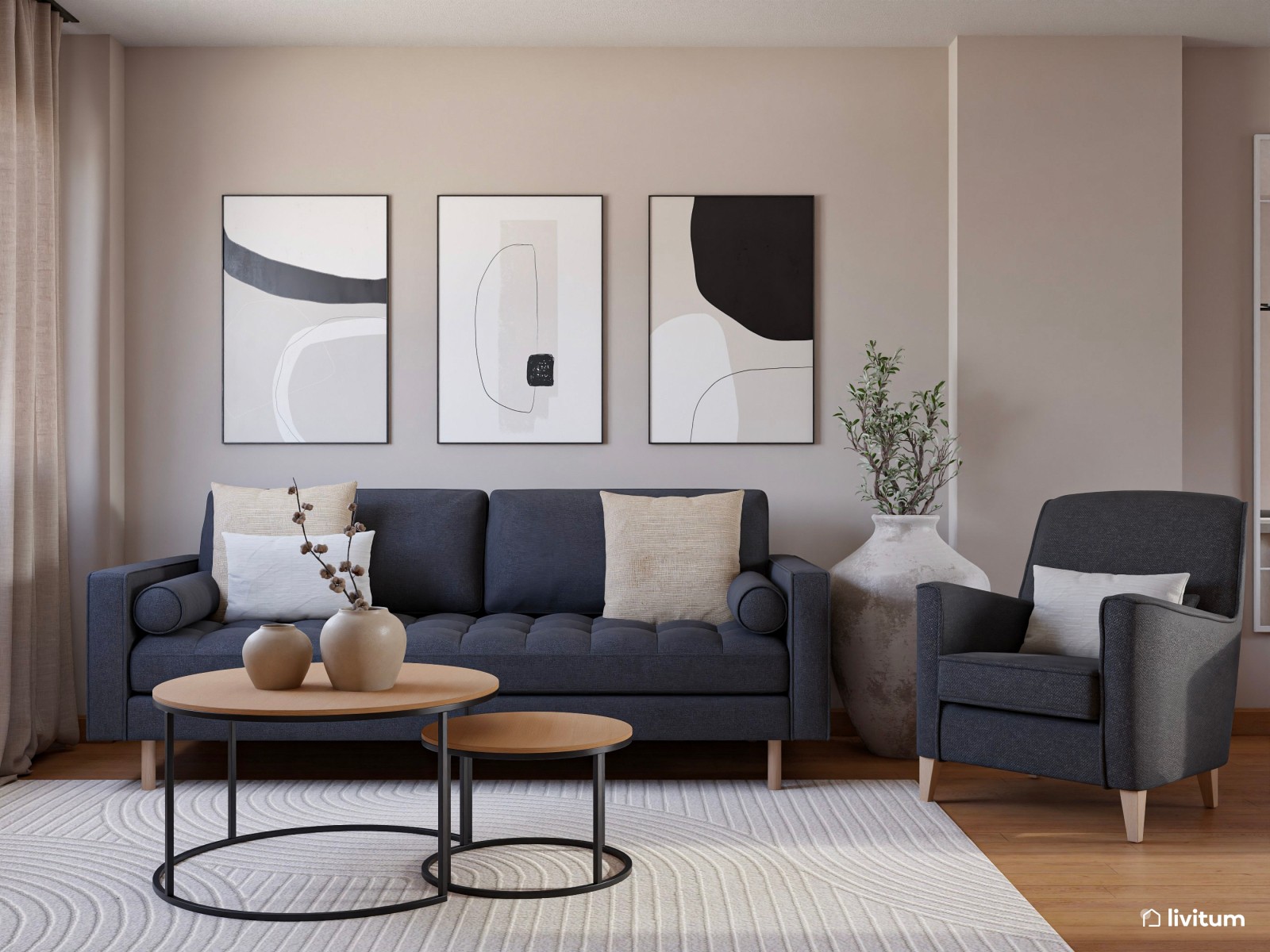 Salón moderno con gris antracita y comedor en blanco 