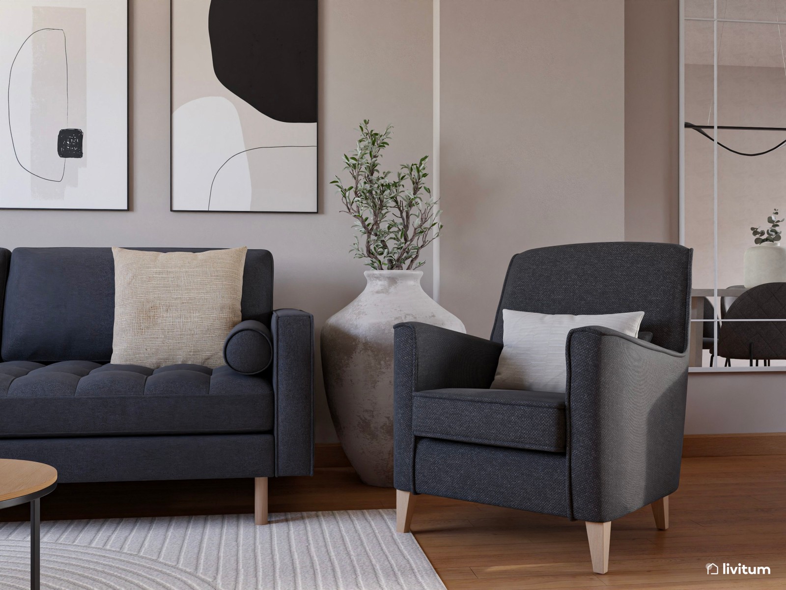 Salón moderno con gris antracita y comedor en blanco 