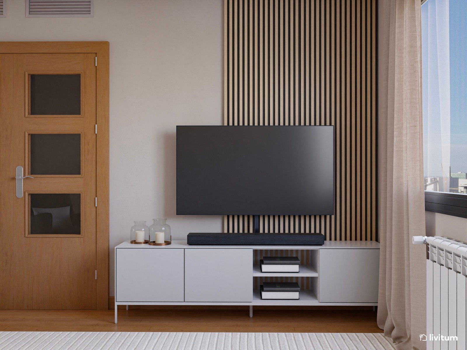 Salón moderno con gris antracita y comedor en blanco 