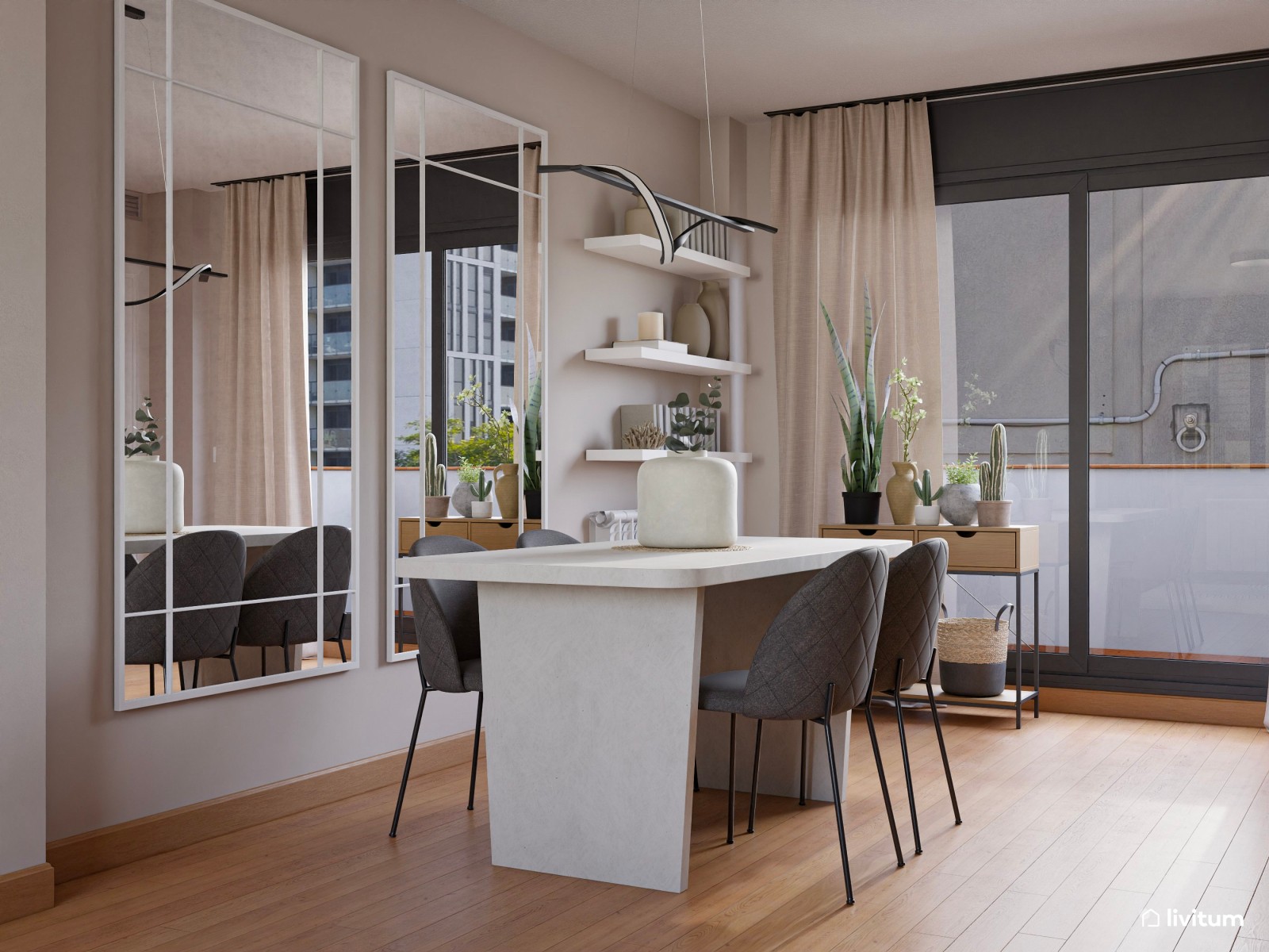 Salón moderno con gris antracita y comedor en blanco 