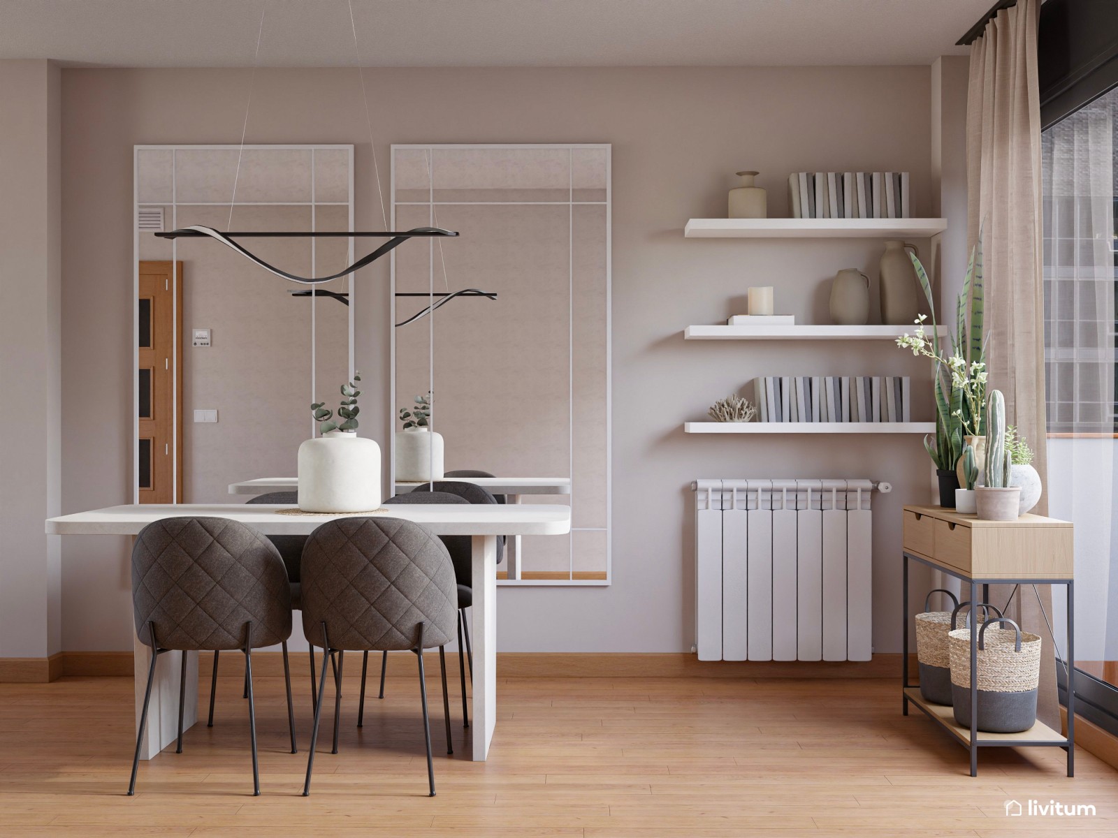 Salón moderno con gris antracita y comedor en blanco 