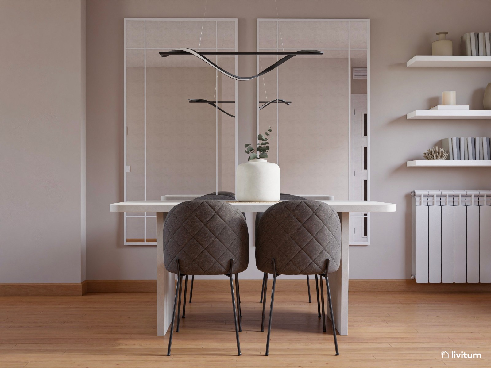 Salón moderno con gris antracita y comedor en blanco 